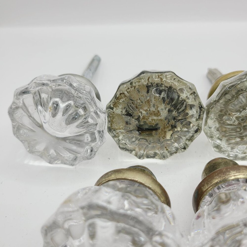 Antique Glass Brass Door Knobs Octagonal Design Architectural Salvage Set of 7 - Picture 3 of 9